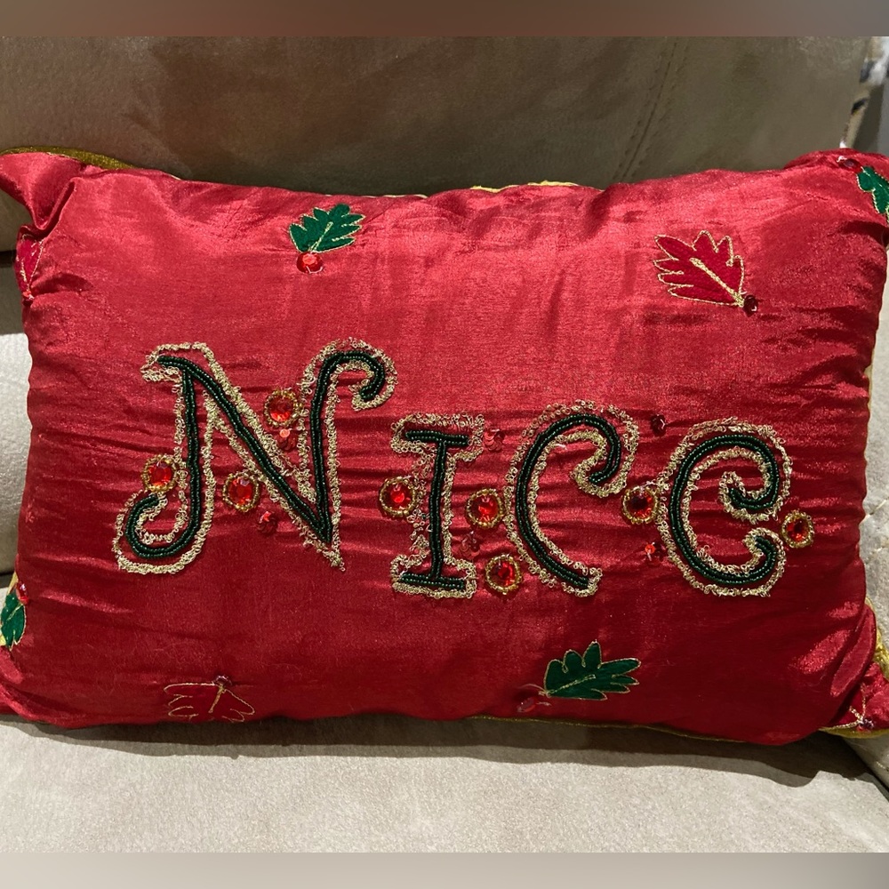 Pier 1 Christmas pillows naughty nice reversible beaded sequins embroidered
